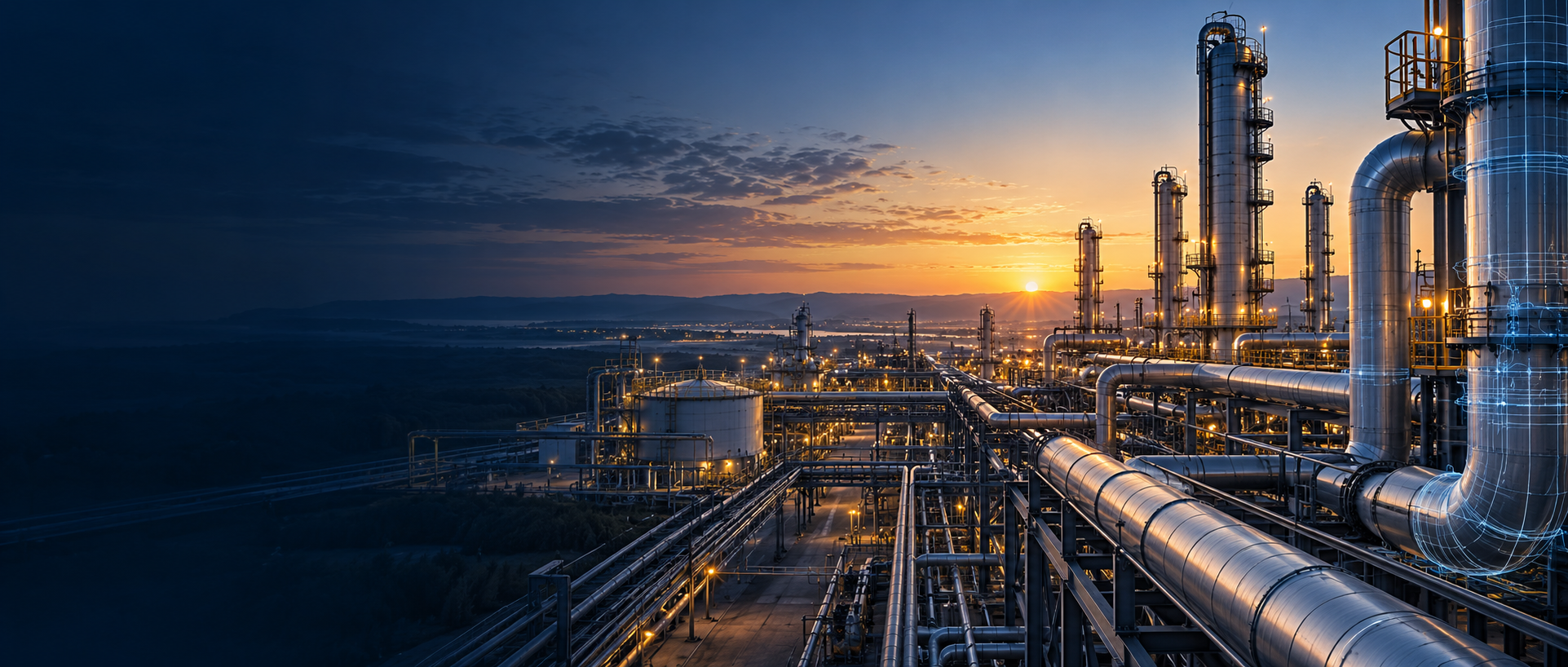 Industrial processing facility in the warm light of dawn